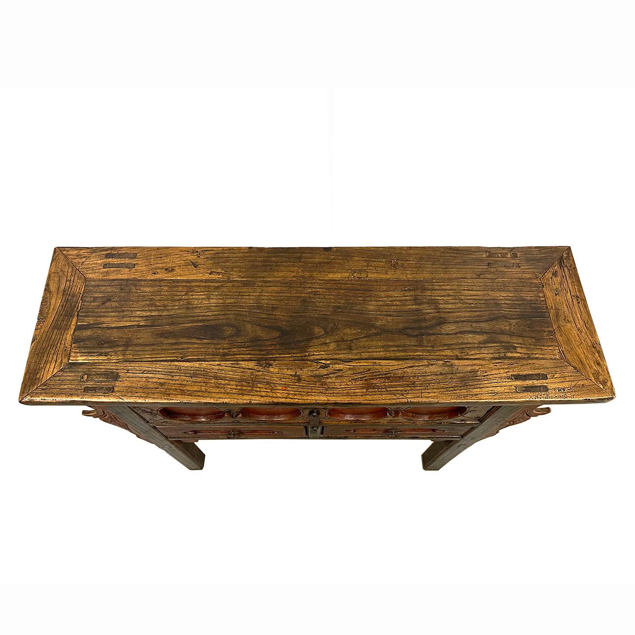 19th Century Antique Chinese Carved 3 Drawers Console Table For Sale 1