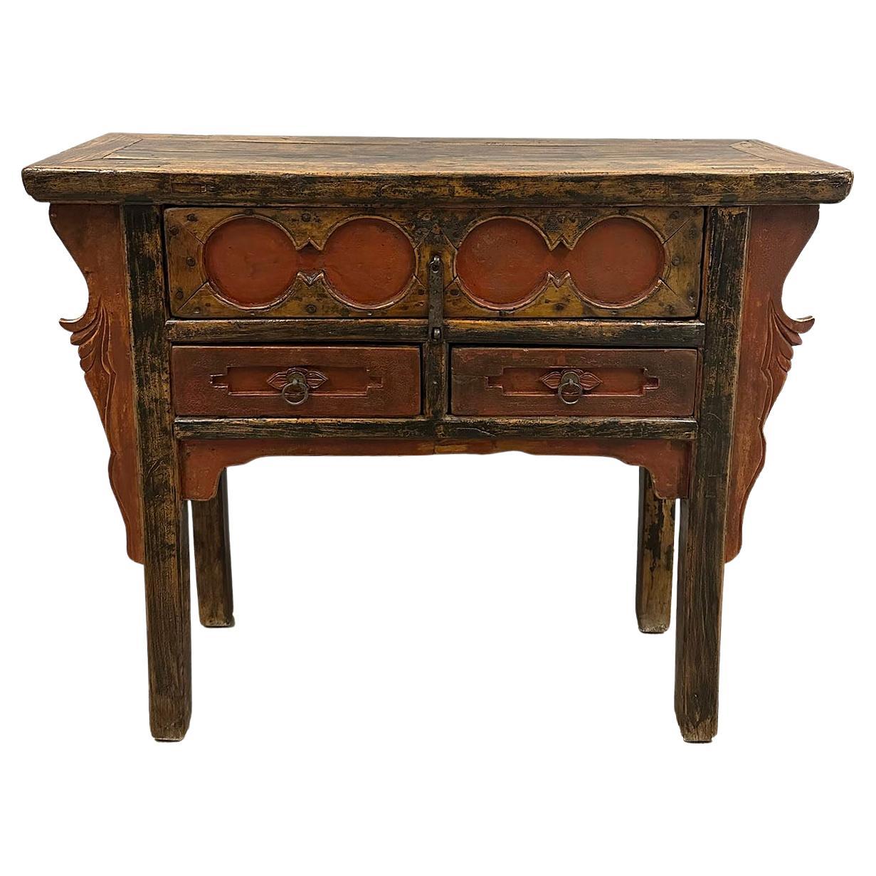 Table console chinoise ancienne à 3 tiroirs sculptée du 19ème siècle