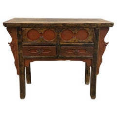 Table console chinoise ancienne à 3 tiroirs sculptée du 19ème siècle