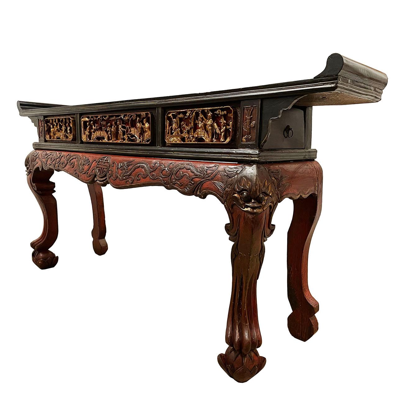 Size: 42in H x 88in W x 18in D
Drawer: 5.5in H x 8in W x 29in D each
Origin: Zhejiang, China
circa: 1890 - 1910
Material: Wood
Condition: Solid wood construction, very heavy and sturdy, deep carved spandrels. Minor blemishes due to age
Look at