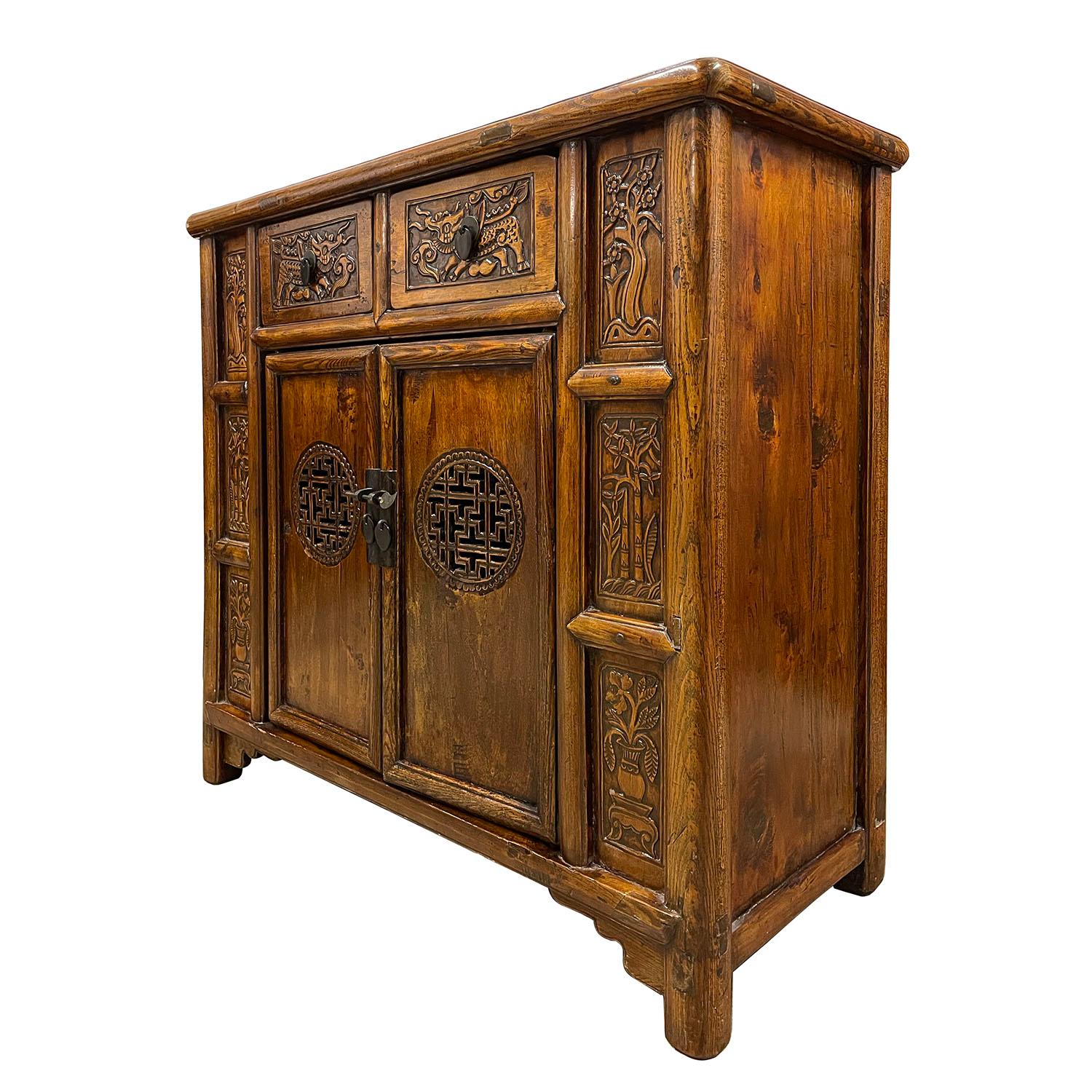 Size: 39 1/2inH x 40in W x 17in D
Door opening: 24 1/2in H x 20 1/2in W
Drawer: 5 1/2in H x 10in W x 11in D            
Origin: China
Circa: 1850 - 1900
Material: Wood
Condition: Original finished. Solid wood construction, hand made, well balanced,