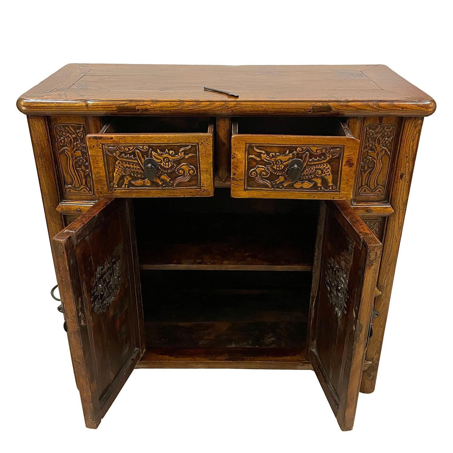 Chinese Export 19th Century Antique Chinese Carved Coffer, Cabinet, Side Table For Sale
