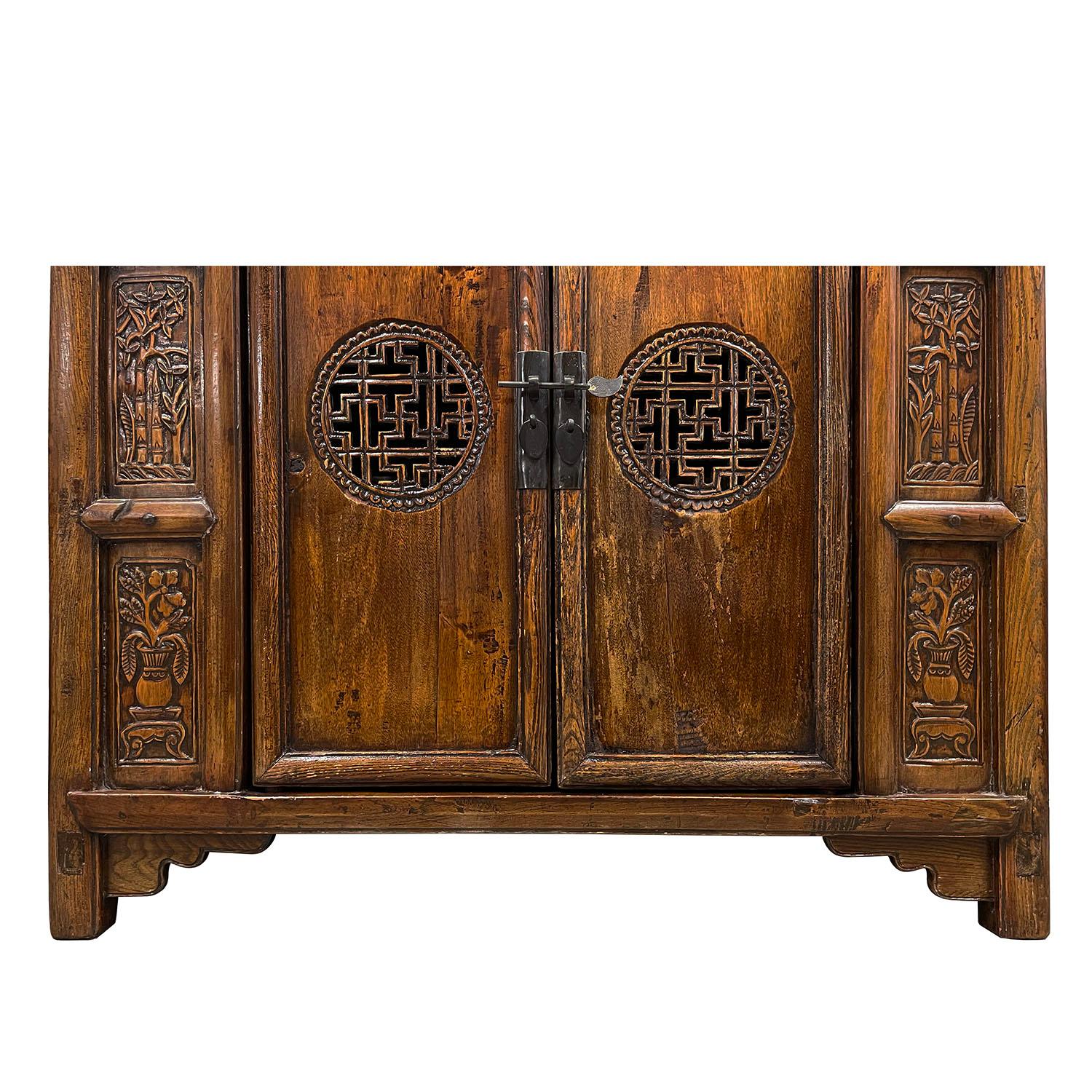 19th Century Antique Chinese Carved Coffer, Cabinet, Side Table In Distressed Condition For Sale In Pomona, CA
