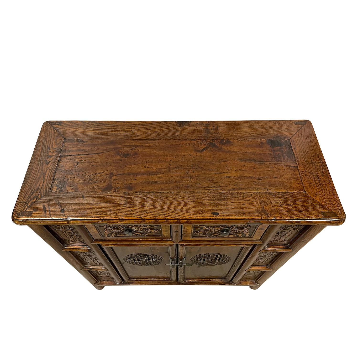 Elm 19th Century Antique Chinese Carved Coffer, Cabinet, Side Table For Sale