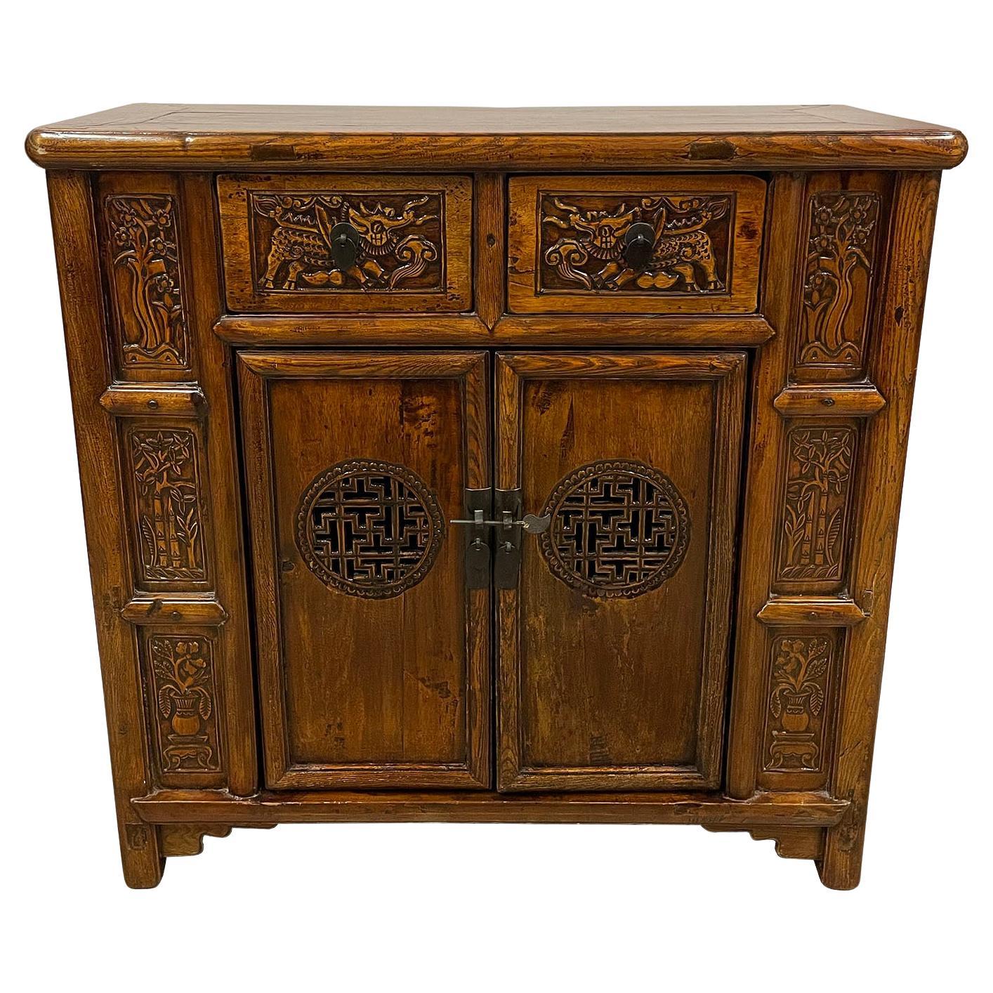 19th Century Antique Chinese Carved Coffer, Cabinet, Side Table