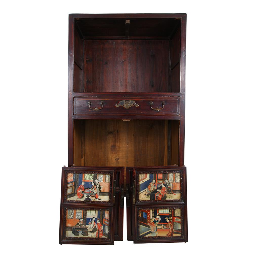 Chinese Export 19th Century Antique Chinese Carved Fujian Armoire/Dresser with reverse painting For Sale