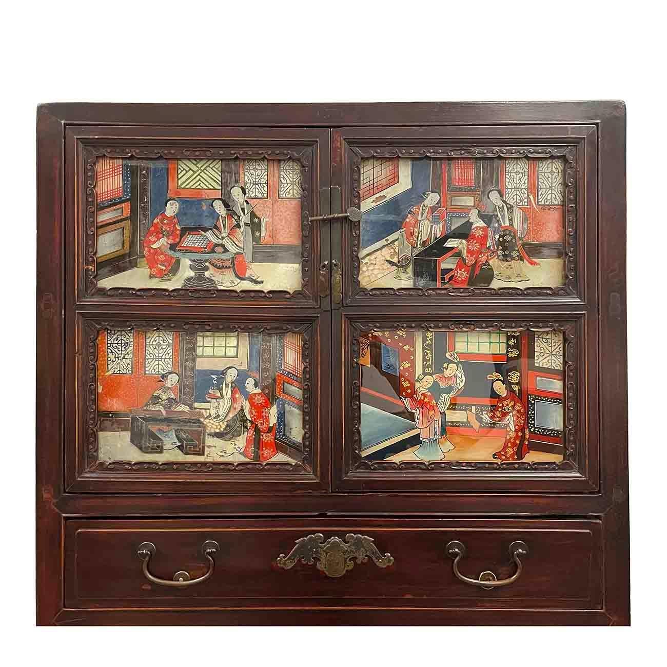 19th Century Antique Chinese Carved Fujian Armoire/Dresser with reverse painting In Fair Condition For Sale In Pomona, CA
