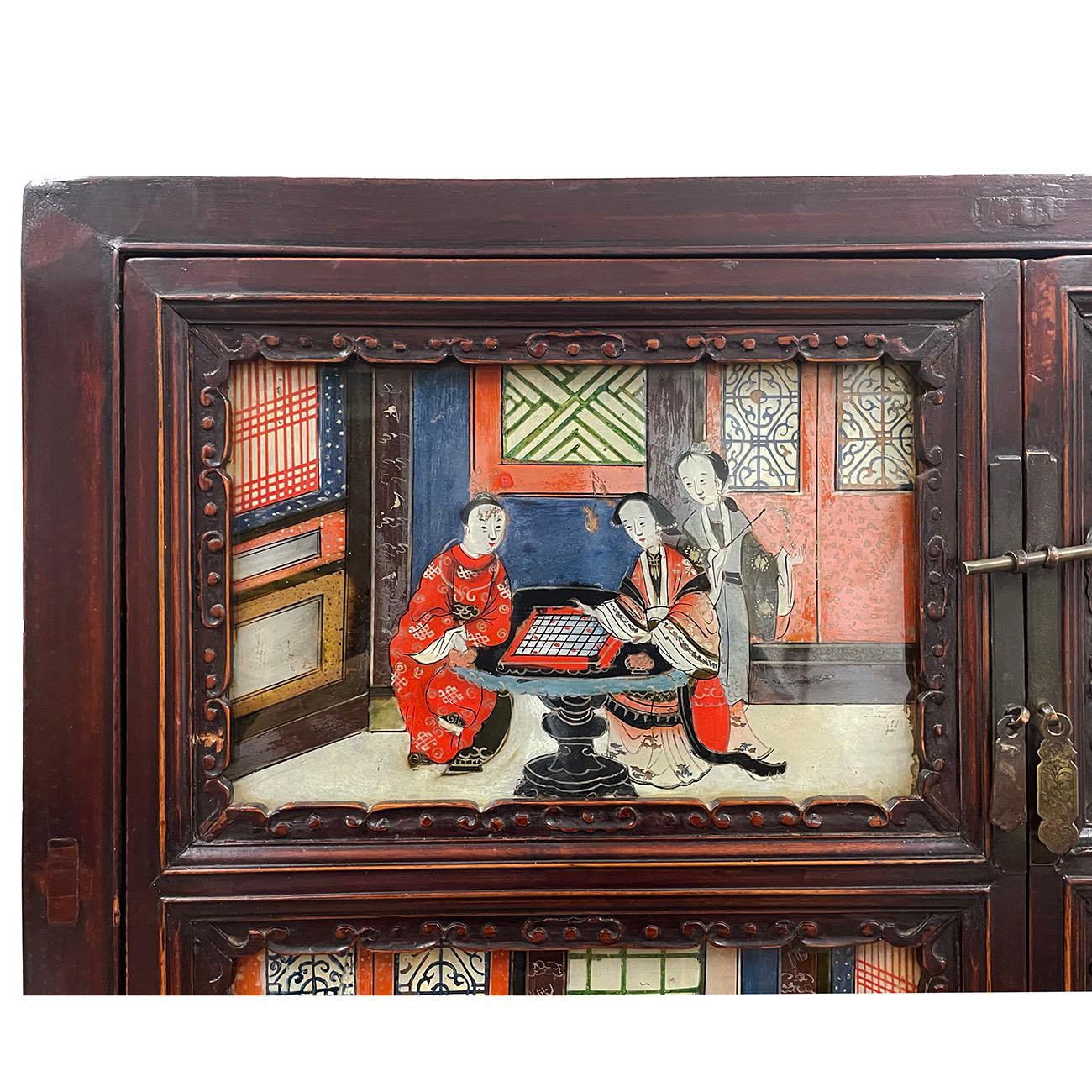 Wood 19th Century Antique Chinese Carved Fujian Armoire/Dresser with reverse painting For Sale