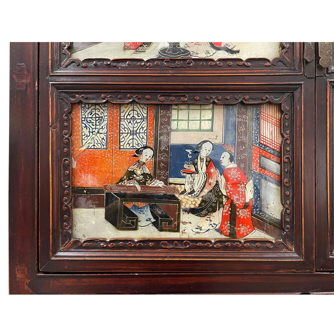 19th Century Antique Chinese Carved Fujian Armoire/Dresser with reverse painting For Sale 1