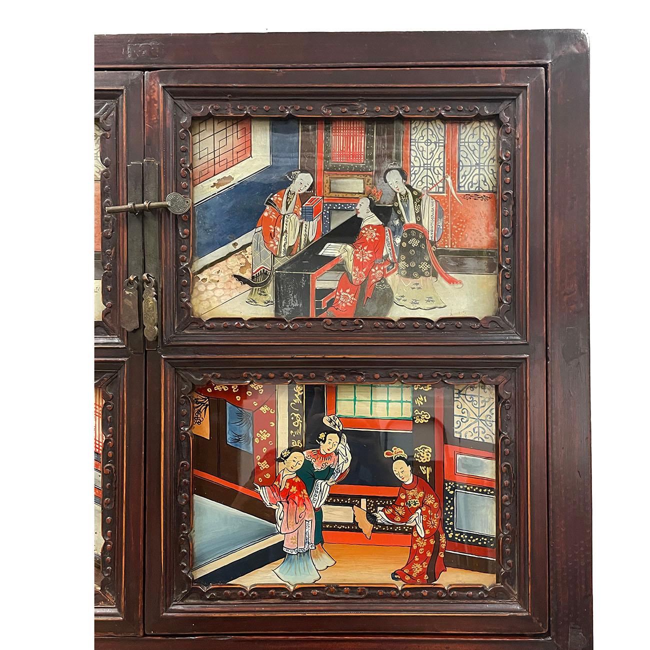 19th Century Antique Chinese Carved Fujian Armoire/Dresser with reverse painting For Sale 2