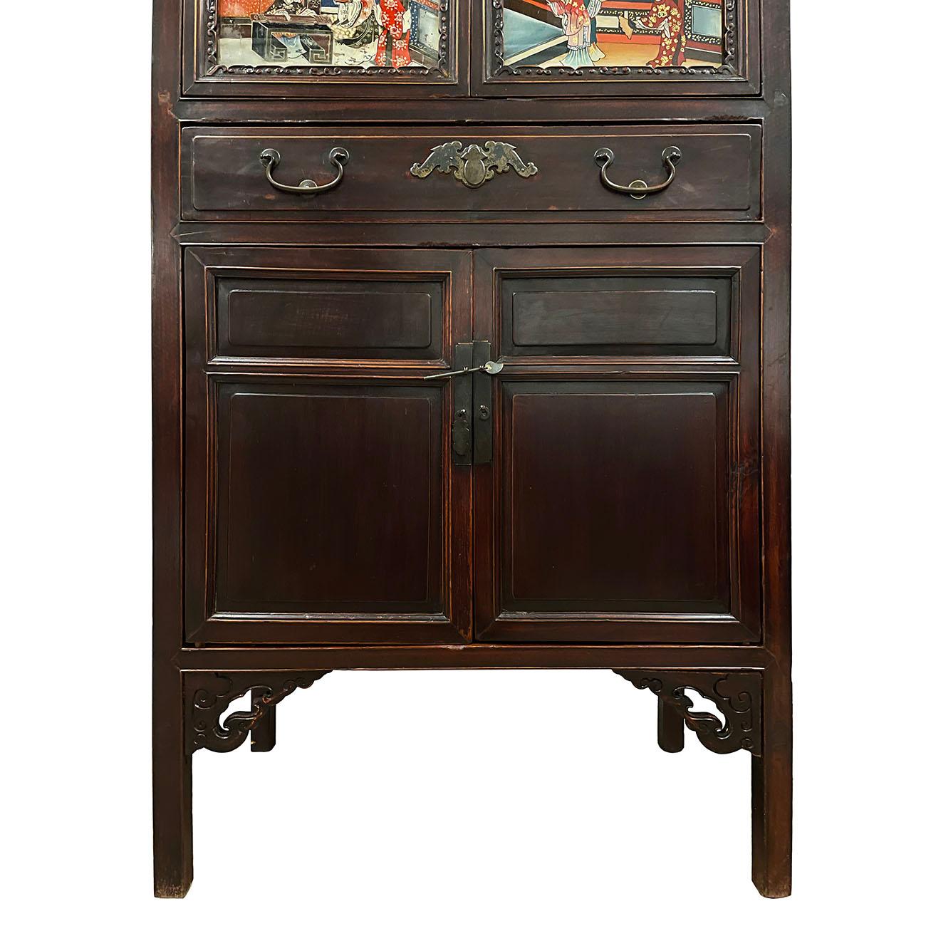 19th Century Antique Chinese Carved Fujian Armoire/Dresser with reverse painting For Sale 3