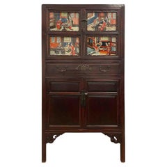19th Century Antique Chinese Carved Fujian Armoire/Dresser with reverse painting