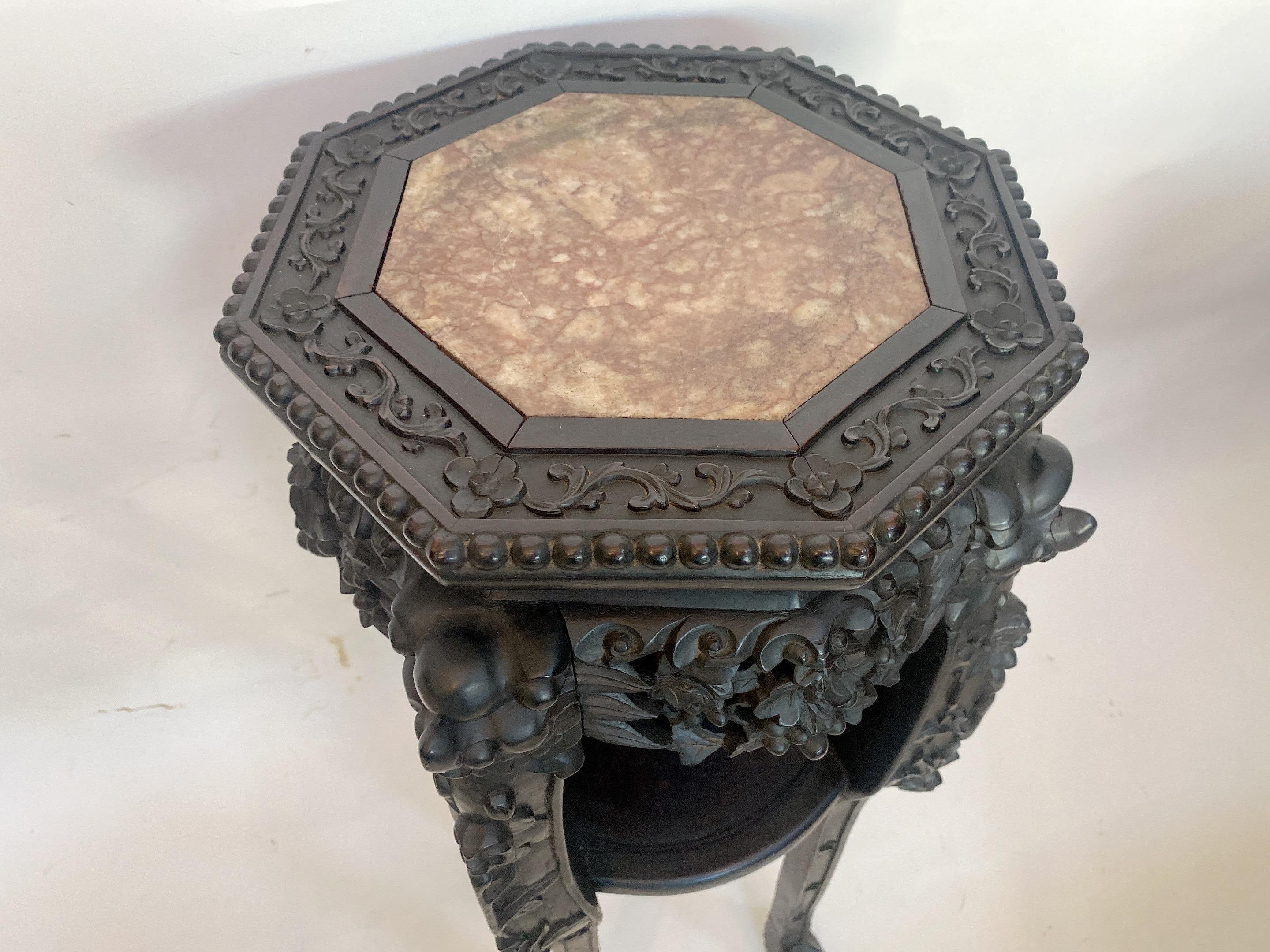 19th Century Antique Chinese Carved Hardwood Flower Stands Table Marble Top 13