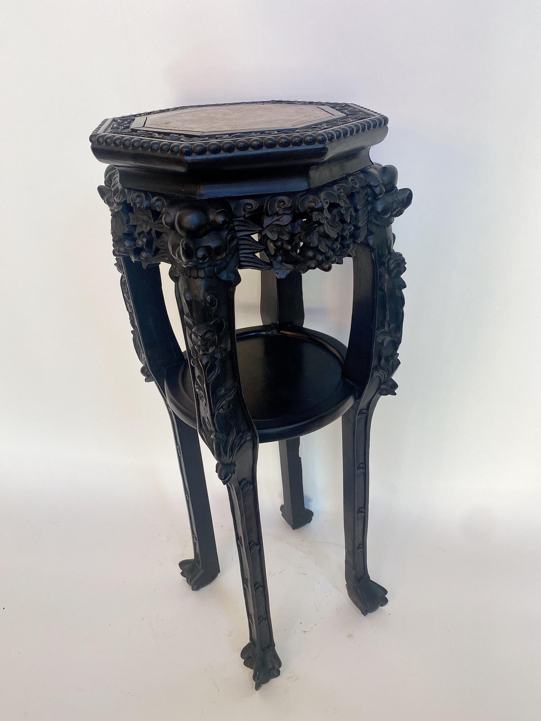Chinese Export 19th Century Antique Chinese Carved Hardwood Flower Stands Table Marble Top