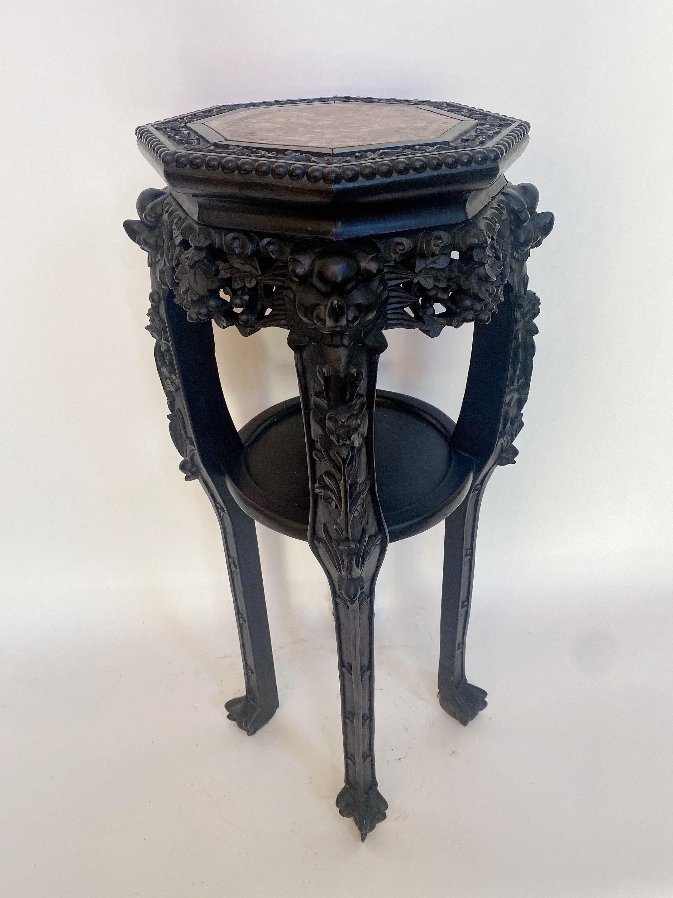 Hand-Carved 19th Century Antique Chinese Carved Hardwood Flower Stands Table Marble Top