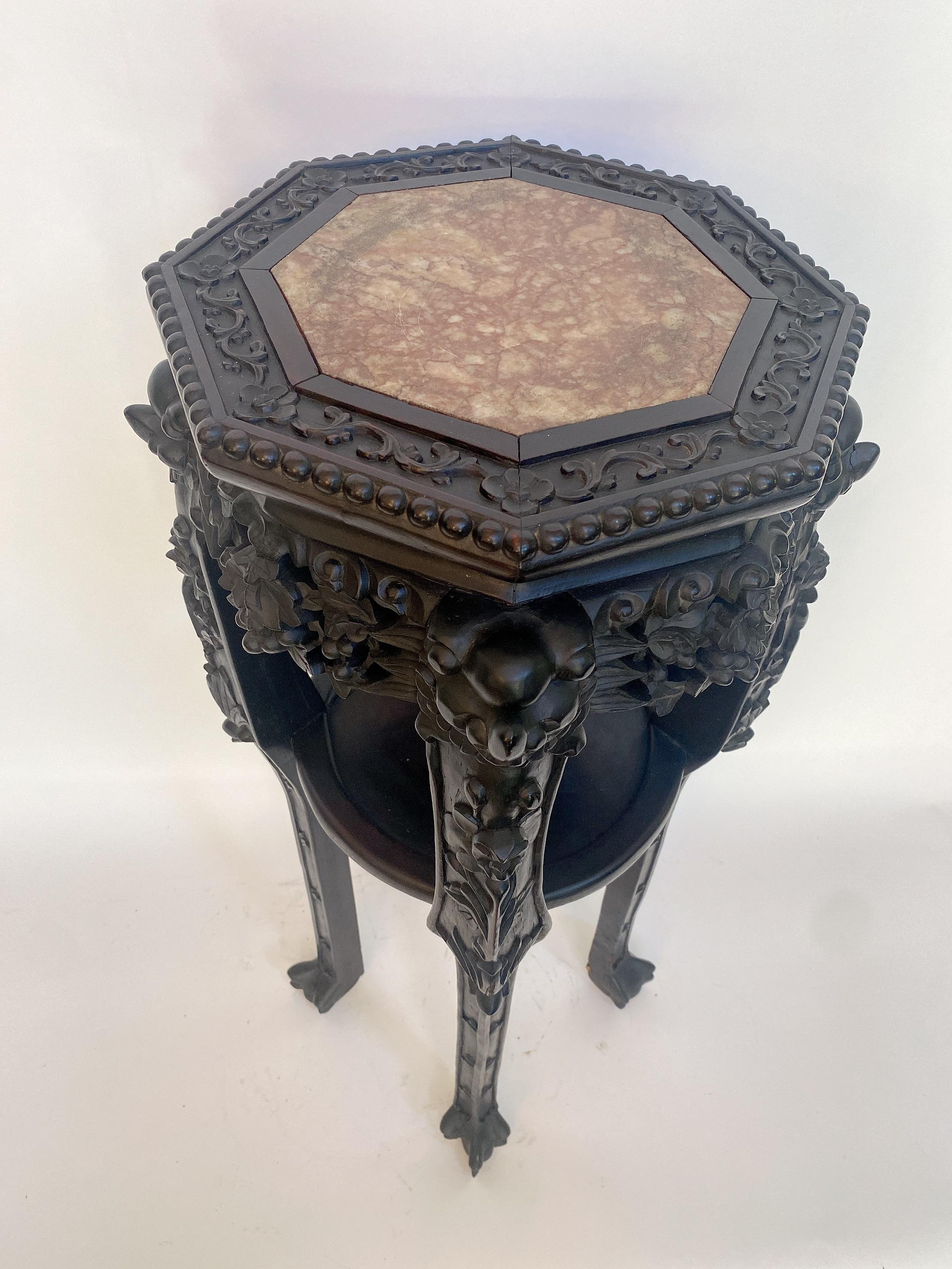 19th Century Antique Chinese Carved Hardwood Flower Stands Table Marble Top In Good Condition In Brea, CA