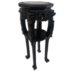 19th Century Antique Chinese Carved Hardwood Flower Stands Table Marble Top