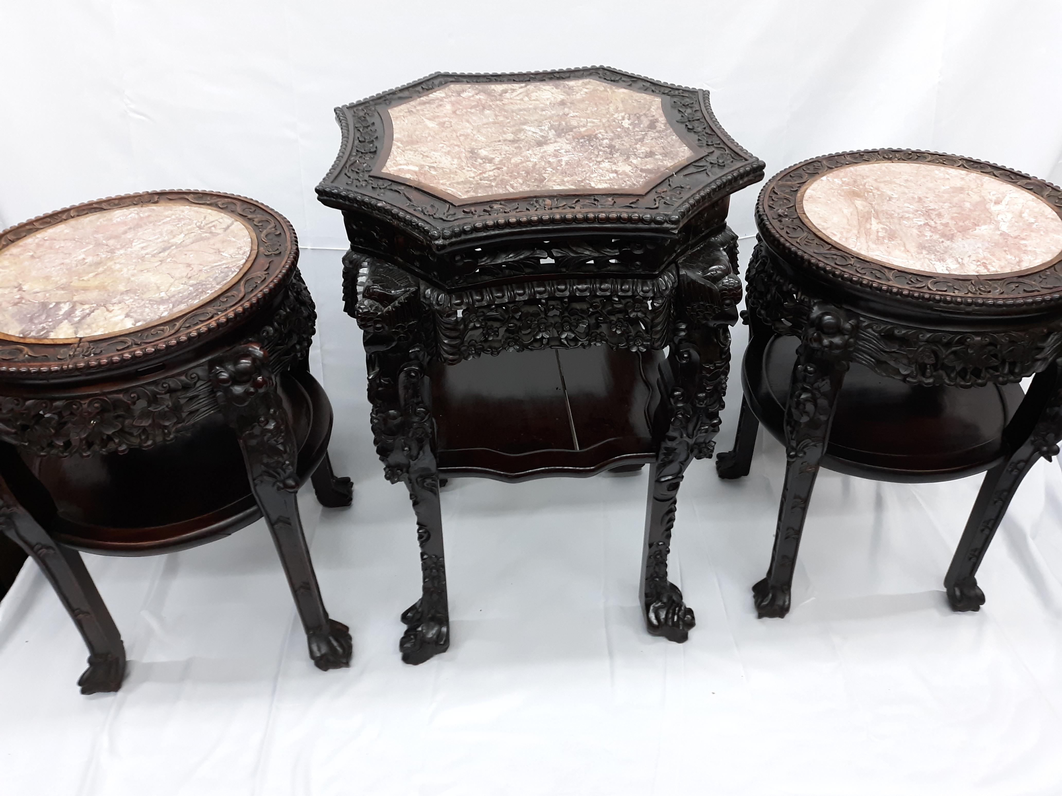 19th Century Antique Chinese Carved Hardwood Table Marble Top For Sale 1