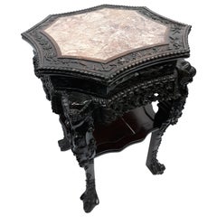19th Century Antique Chinese Carved Hardwood Table Marble Top