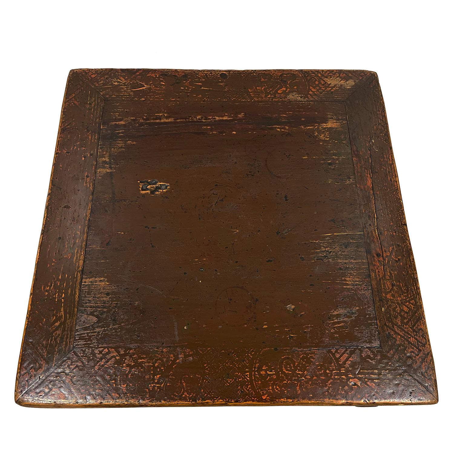Elm 19th Century Antique Chinese Carved Low Coffee Table, Kang Table