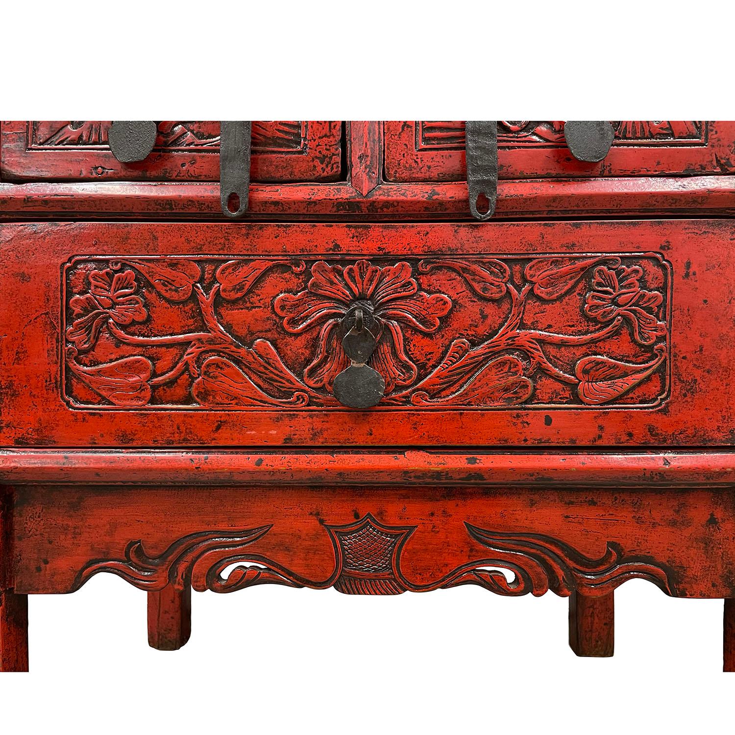 Elm 19th Century Antique Chinese Carved Red Lacquer Console Table / Sideboard For Sale