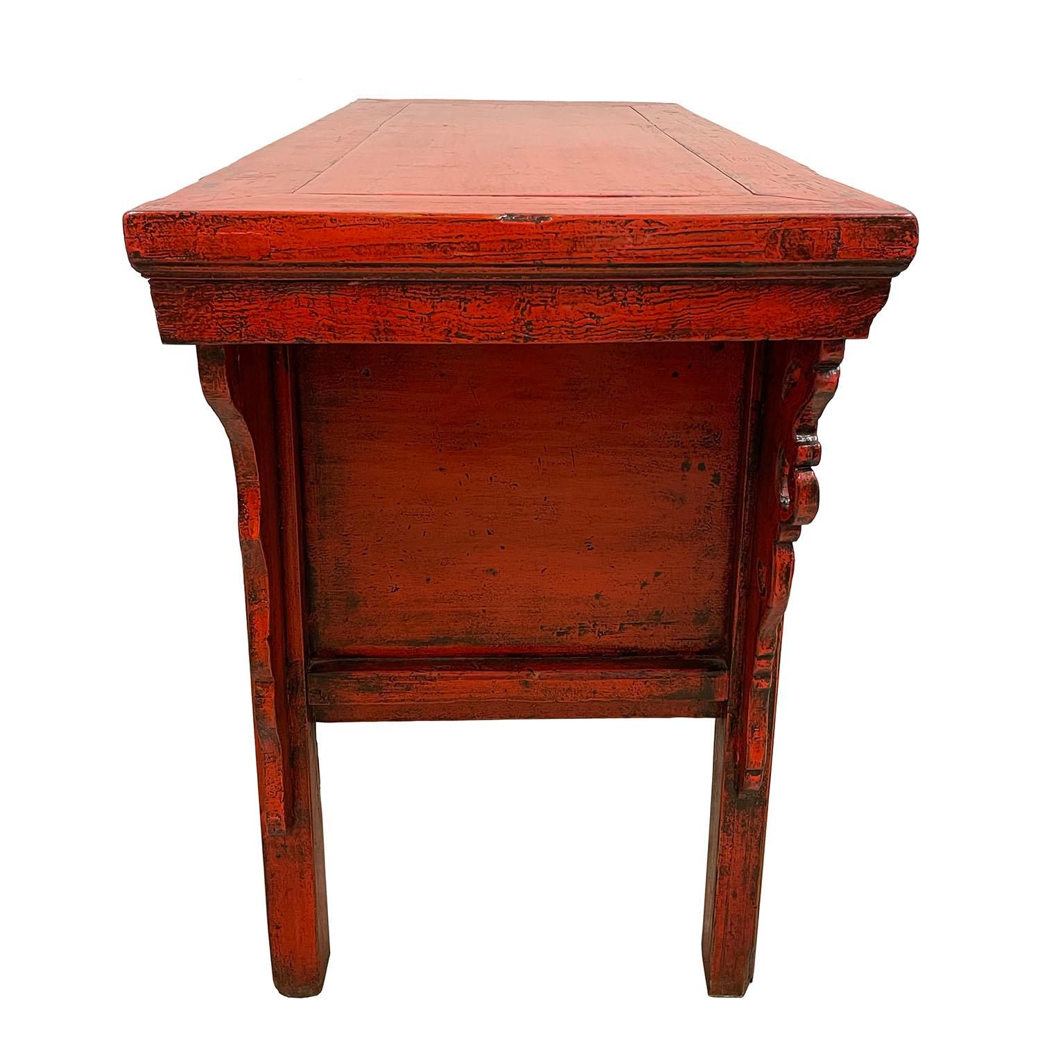 19th Century Antique Chinese Carved Red Lacquer Console Table / Sideboard For Sale 2