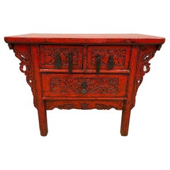 19th Century Antique Chinese Carved Red Lacquer Console Table / Sideboard