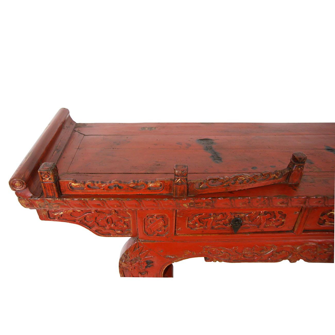 19th Century Antique Chinese Carved Red Lacquered Altar Table/Console For Sale 5
