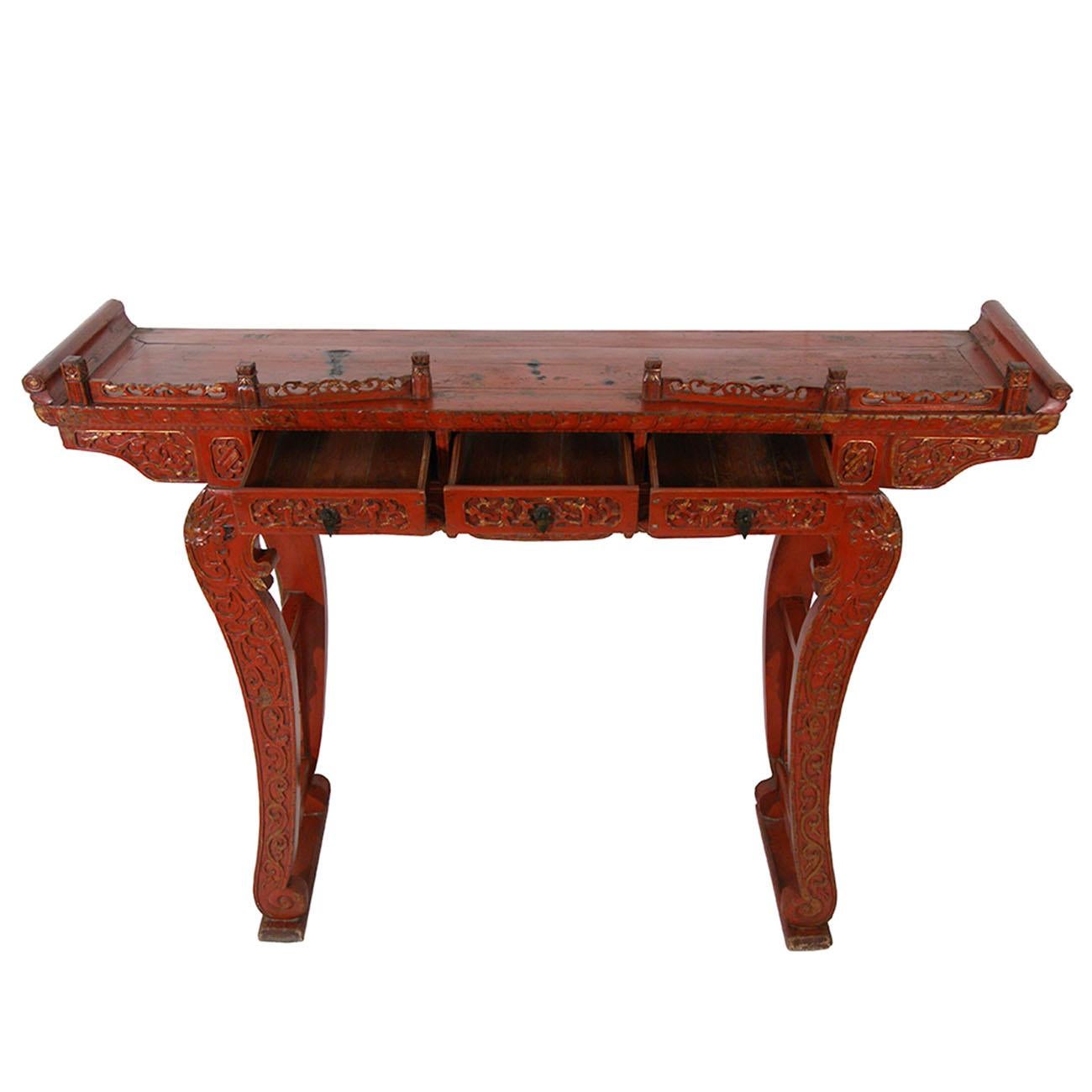Chinese Export 19th Century Antique Chinese Carved Red Lacquered Altar Table/Console For Sale