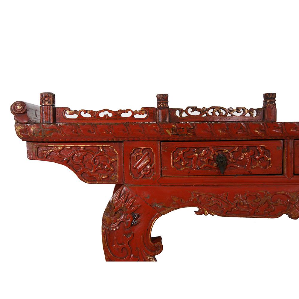 19th Century Antique Chinese Carved Red Lacquered Altar Table/Console In Distressed Condition For Sale In Pomona, CA
