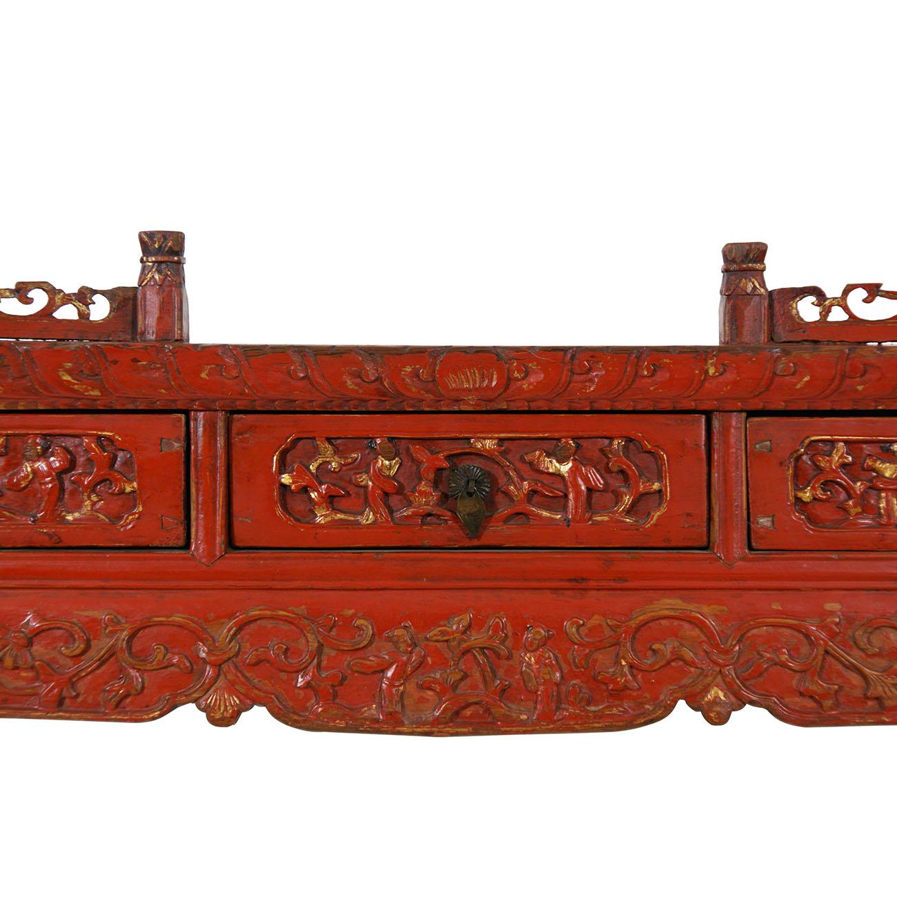 Fir 19th Century Antique Chinese Carved Red Lacquered Altar Table/Console For Sale