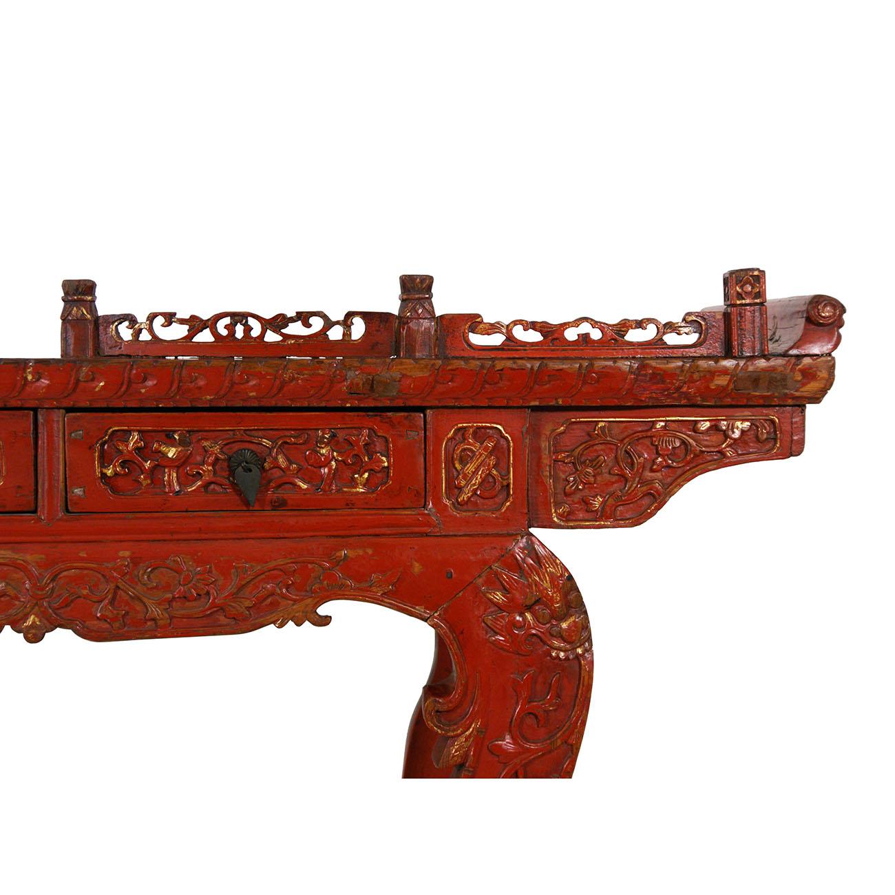 19th Century Antique Chinese Carved Red Lacquered Altar Table/Console For Sale 1