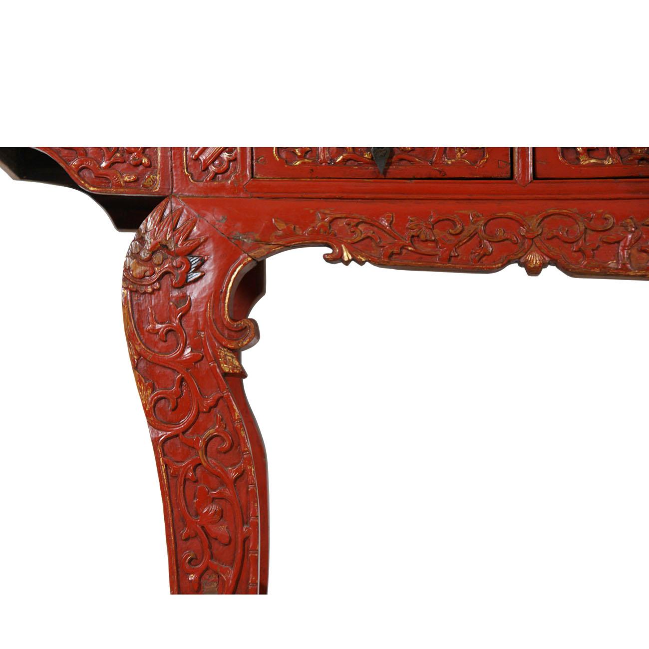 19th Century Antique Chinese Carved Red Lacquered Altar Table/Console For Sale 2
