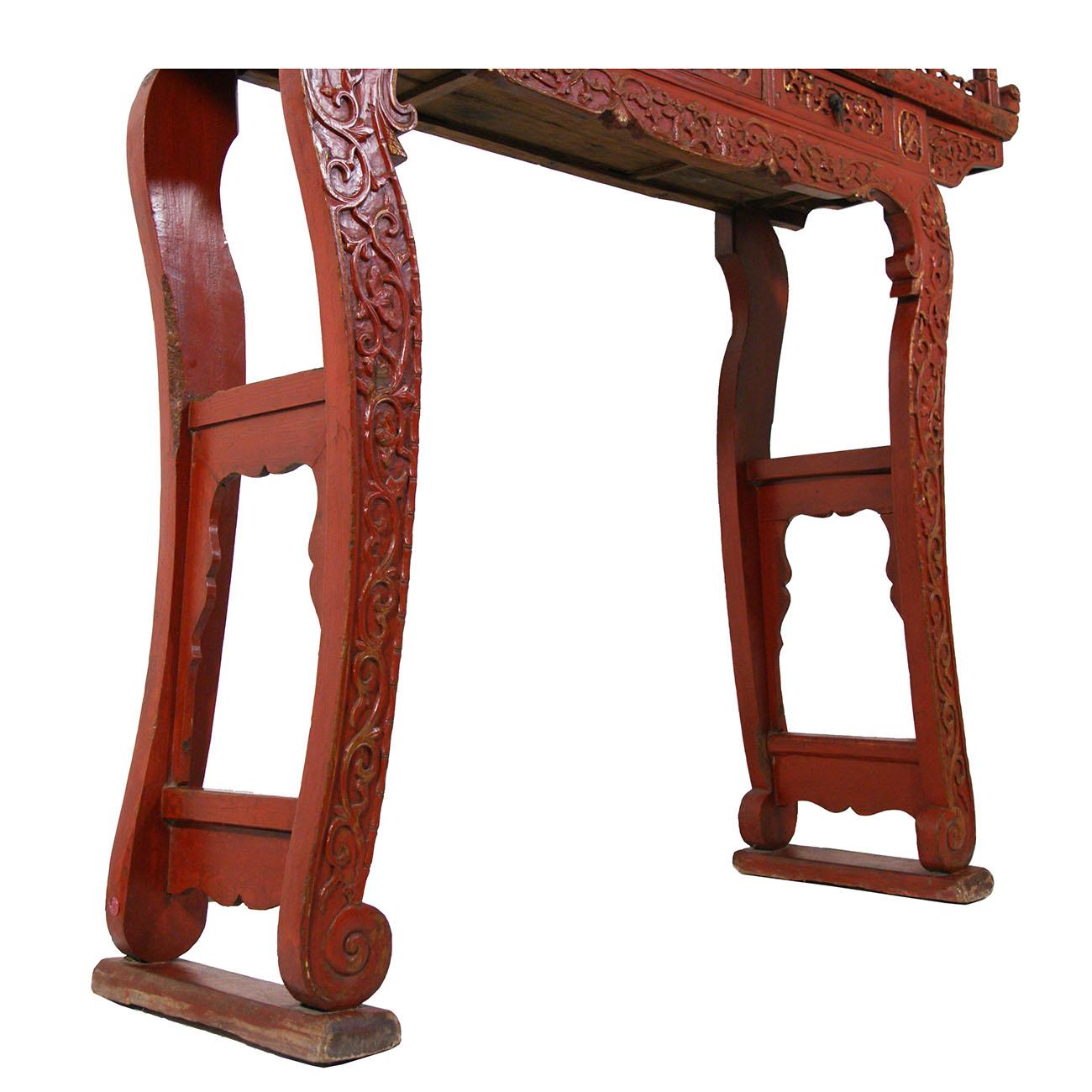 19th Century Antique Chinese Carved Red Lacquered Altar Table/Console For Sale 3