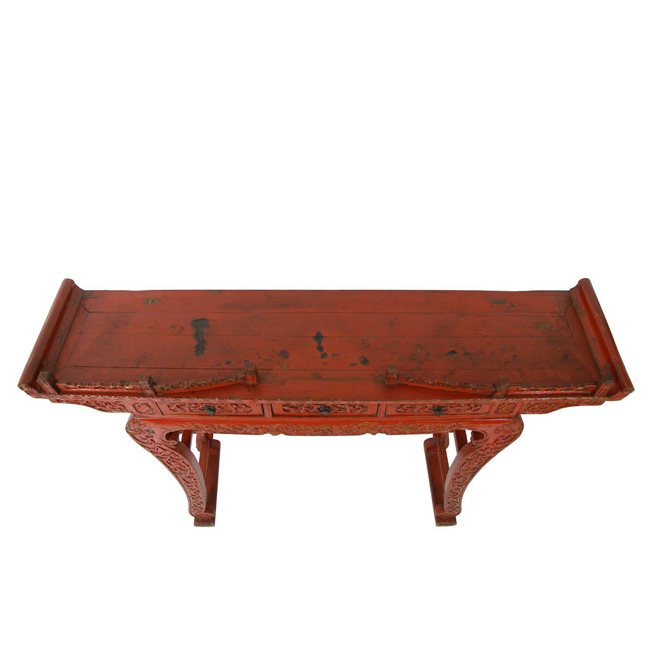 19th Century Antique Chinese Carved Red Lacquered Altar Table/Console For Sale 4