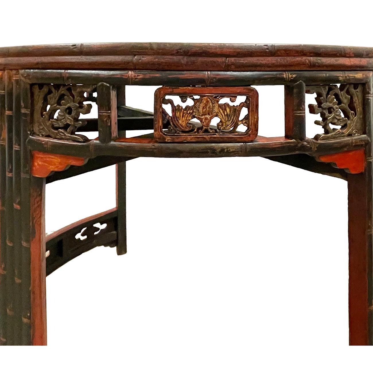 19th Century Antique Chinese Carved Redlacquered Half Moon Tables, Set For Sale 3