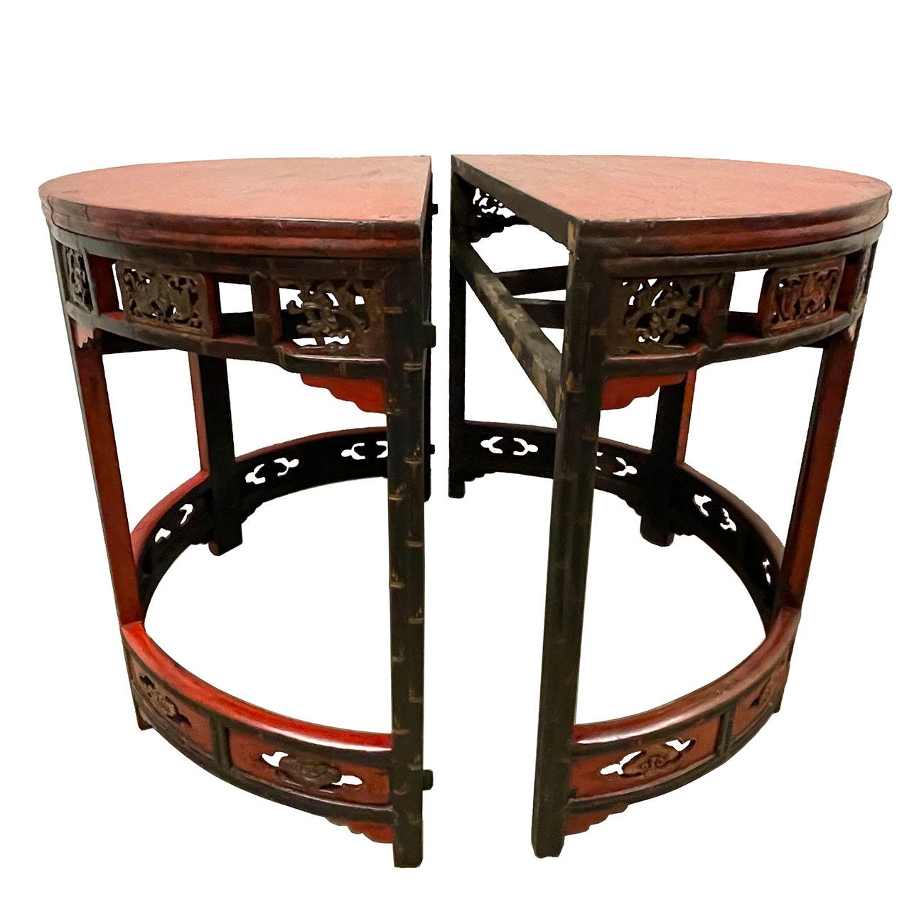 19th Century Antique Chinese Carved Redlacquered Half Moon Tables, Set For Sale 4