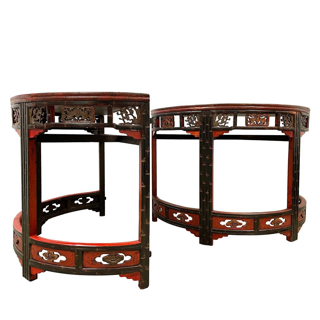 This gorgeous pair of Chinese Antique carved half moon table is made from solid wood with beautiful traditional carving works of bats and Ganoderma Lucidum design around table, meaning lucky and longevity. This tables has red and black lacquer