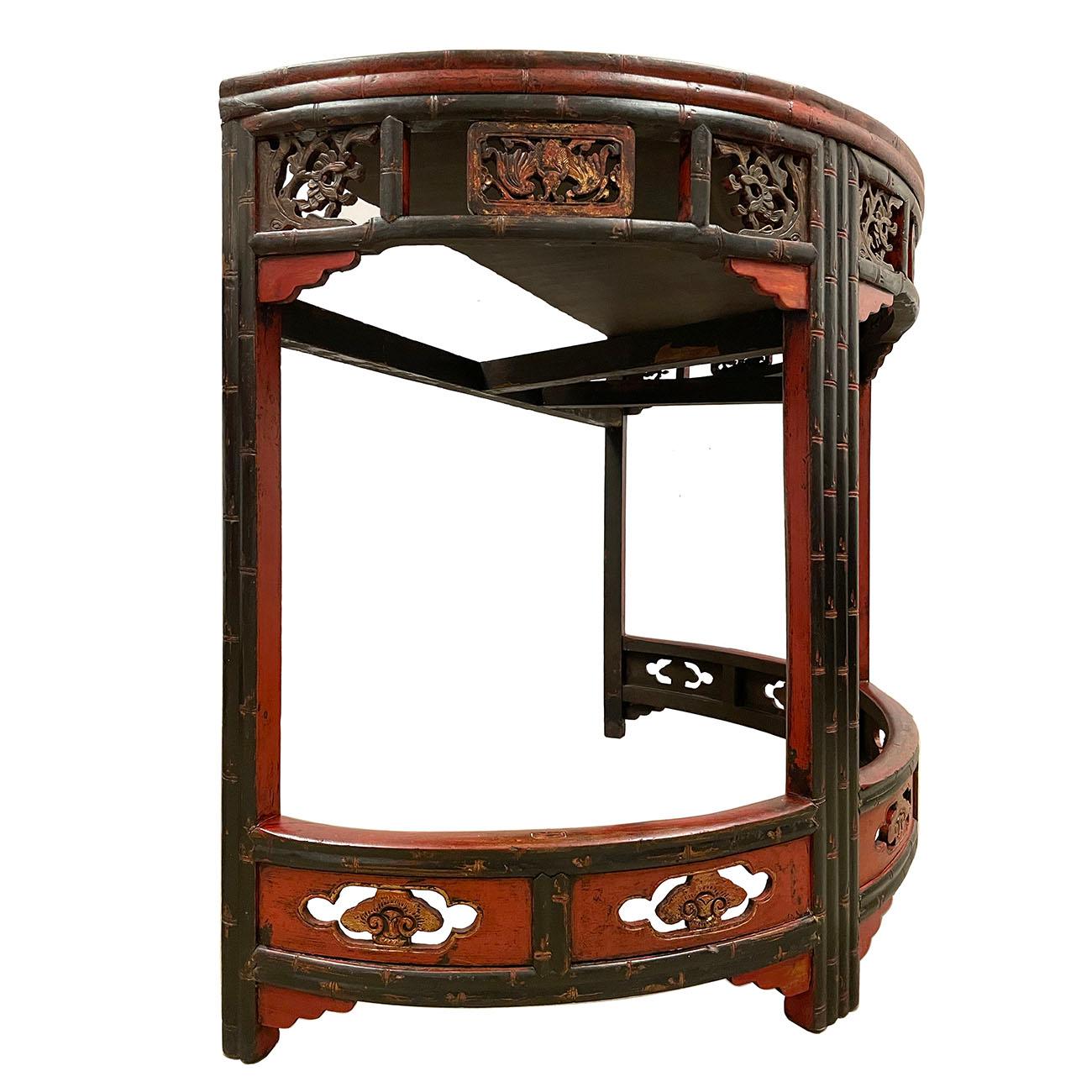 Chinese Export 19th Century Antique Chinese Carved Redlacquered Half Moon Tables, Set For Sale
