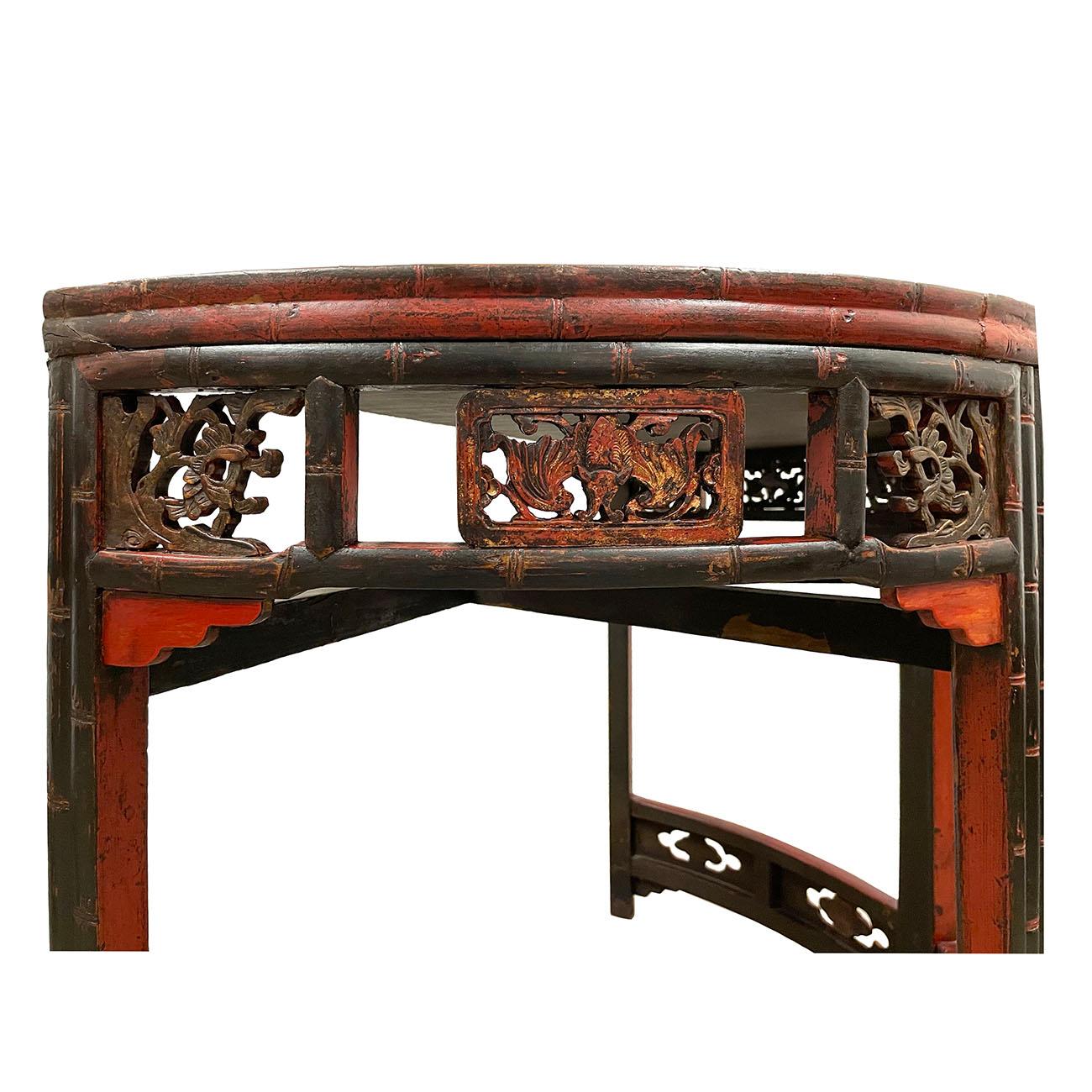 19th Century Antique Chinese Carved Redlacquered Half Moon Tables, Set In Good Condition For Sale In Pomona, CA