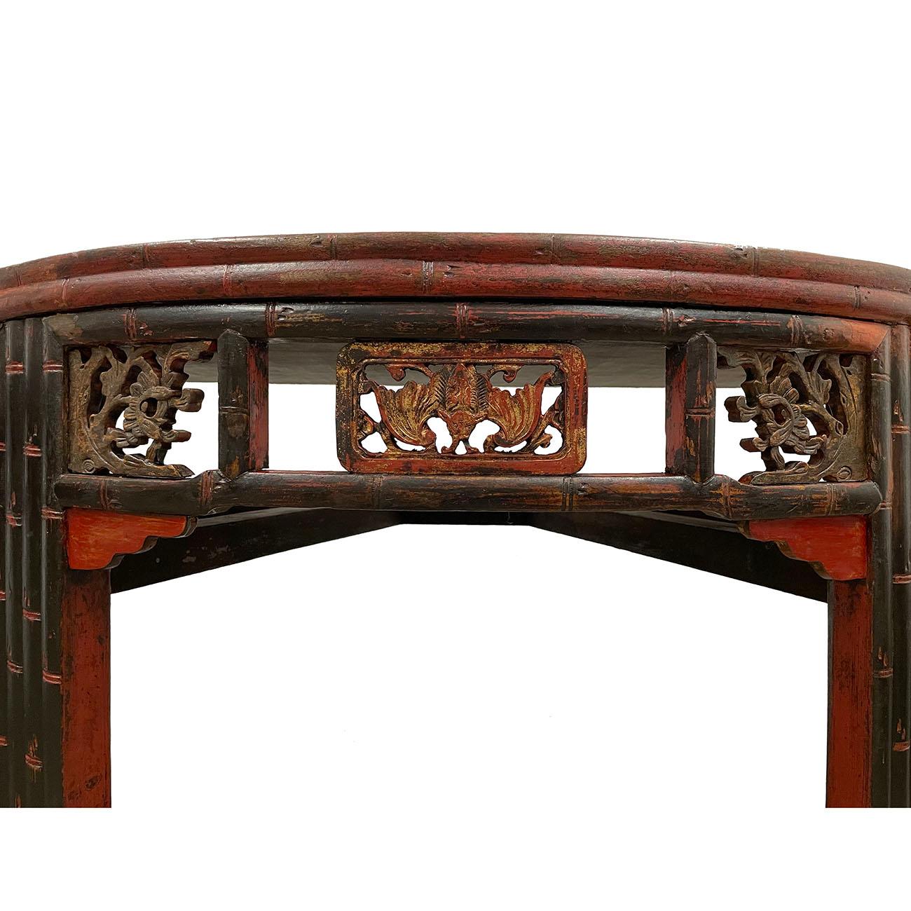 Wood 19th Century Antique Chinese Carved Redlacquered Half Moon Tables, Set For Sale
