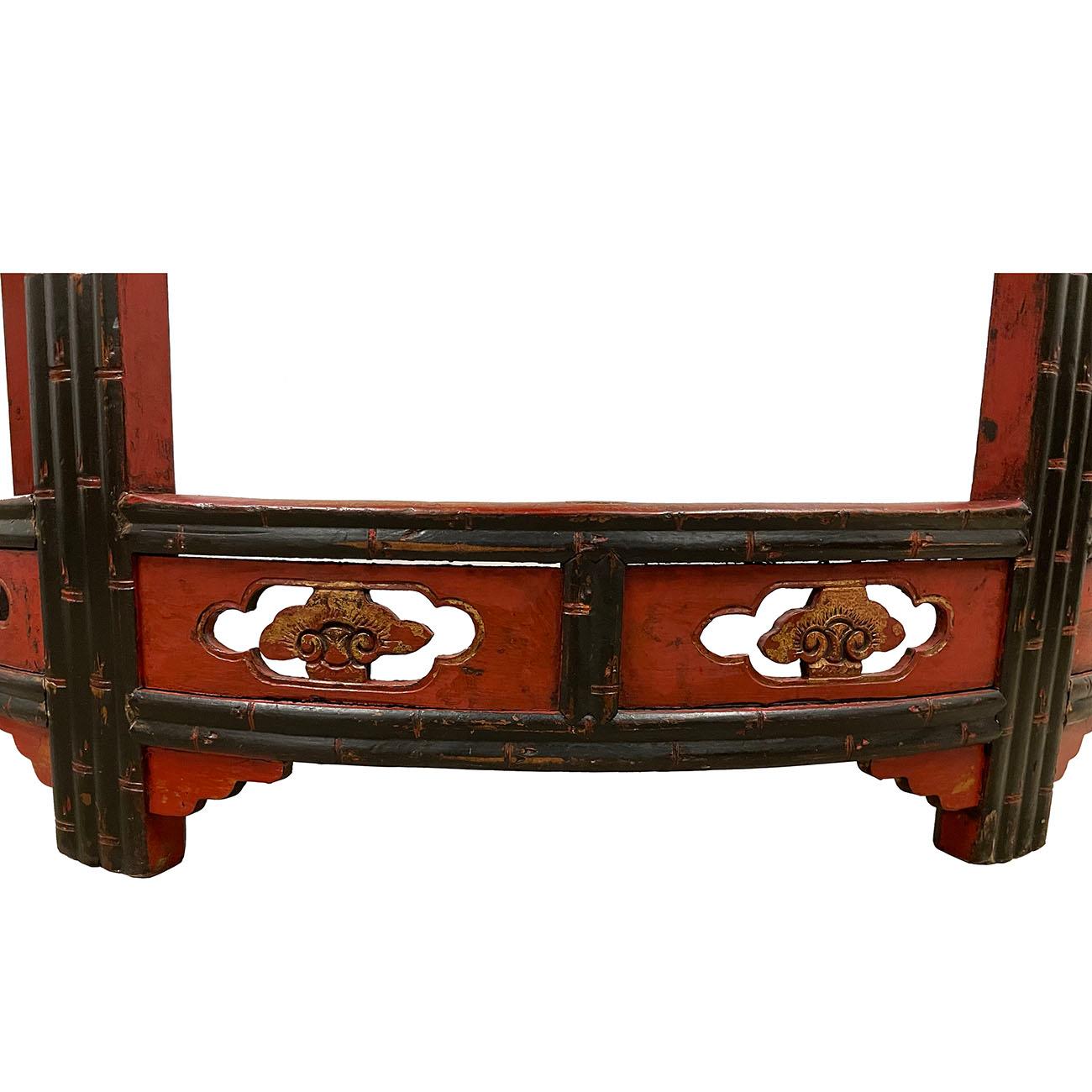 19th Century Antique Chinese Carved Redlacquered Half Moon Tables, Set For Sale 1
