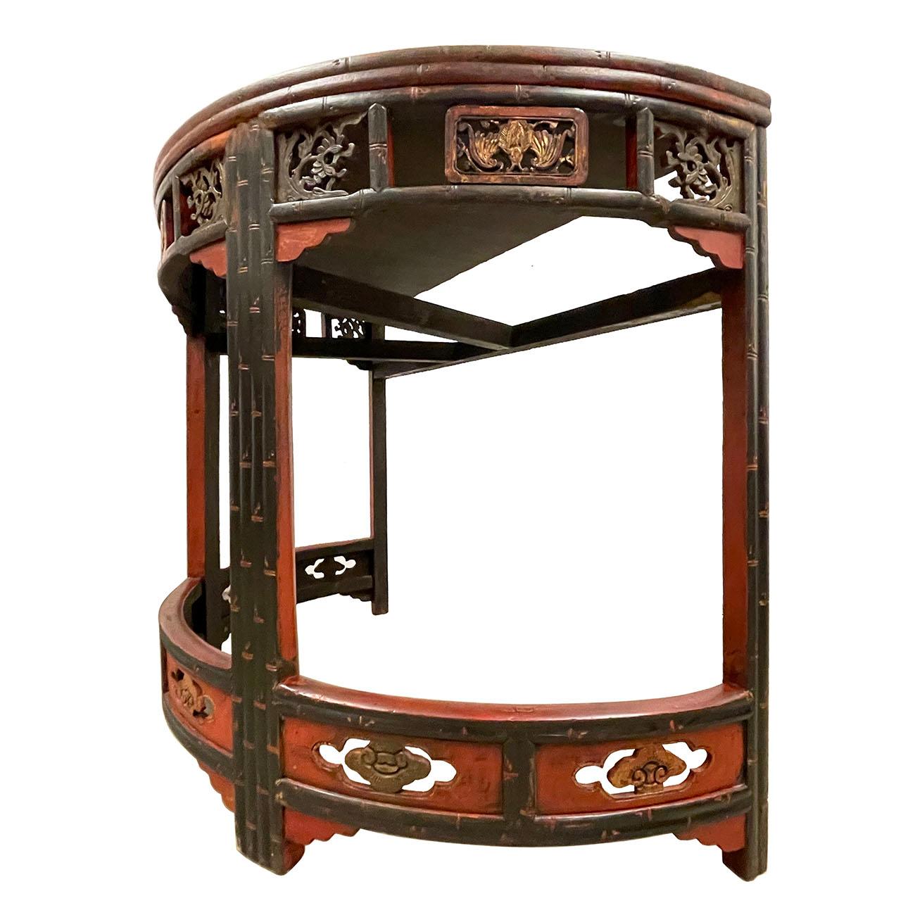 19th Century Antique Chinese Carved Redlacquered Half Moon Tables, Set For Sale 2