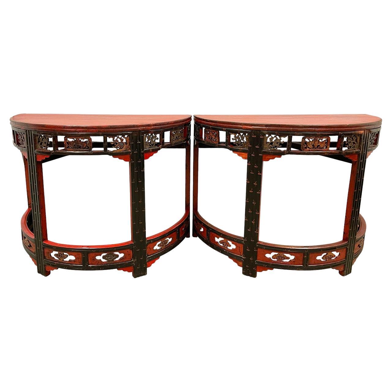 19th Century Antique Chinese Carved Redlacquered Half Moon Tables, Set