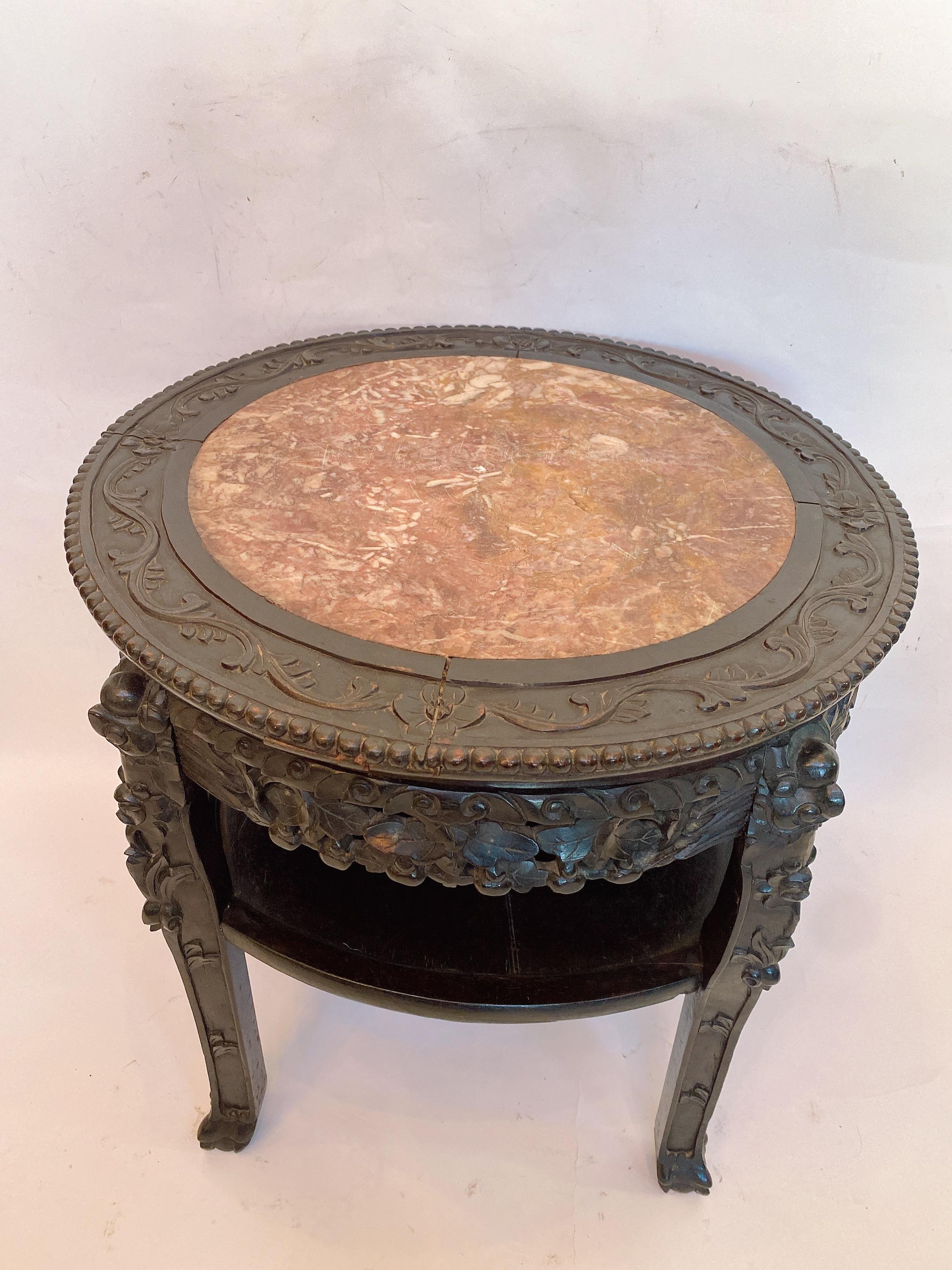 Chinese Export 19th Century 23.5'' Chinese Carved Rosewood Flower Stands Marble-Top Insert For Sale