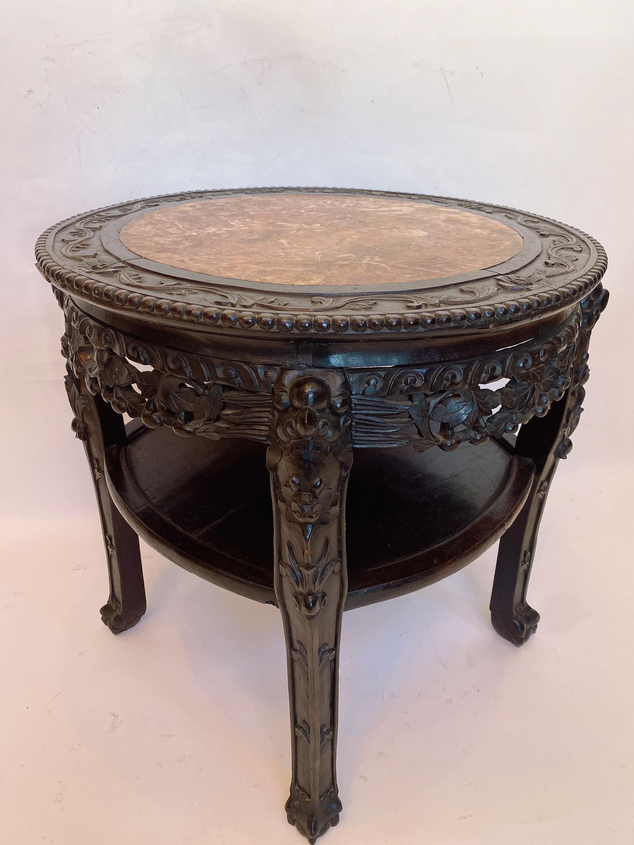 Hand-Carved 19th Century 23.5'' Chinese Carved Rosewood Flower Stands Marble-Top Insert For Sale