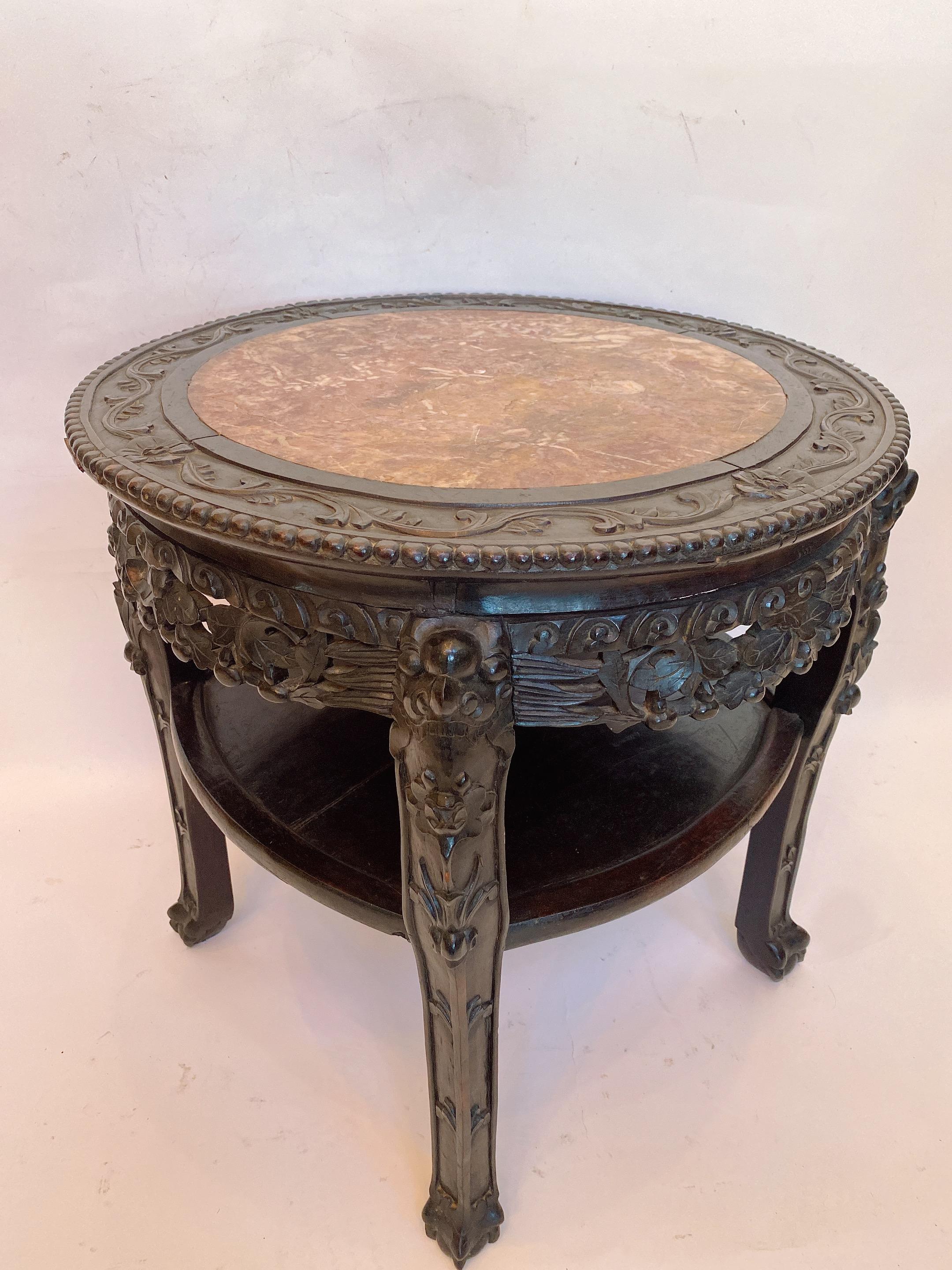19th Century 23.5'' Chinese Carved Rosewood Flower Stands Marble-Top Insert In Good Condition For Sale In Brea, CA