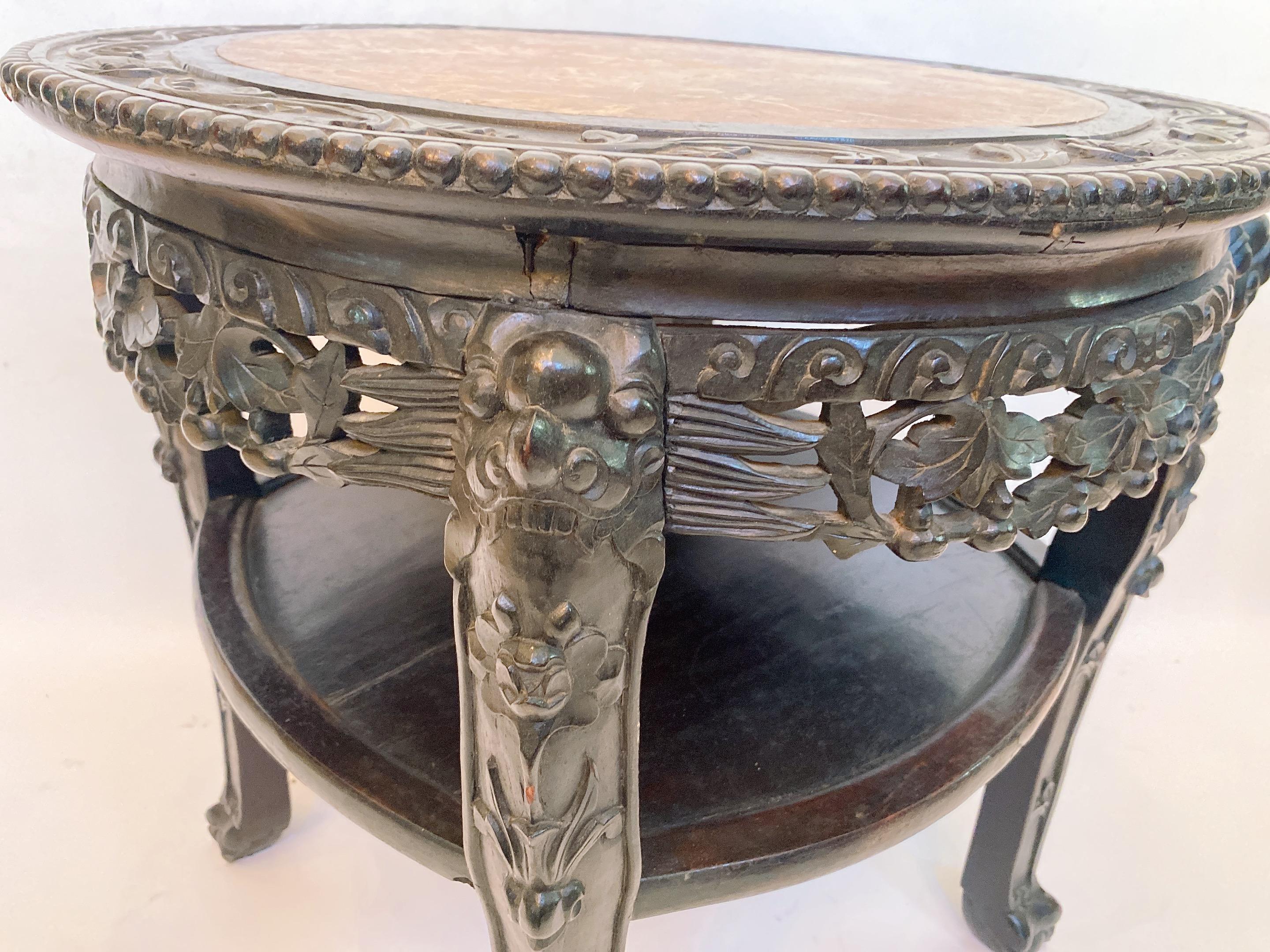 Hardwood 19th Century 23.5'' Chinese Carved Rosewood Flower Stands Marble-Top Insert For Sale