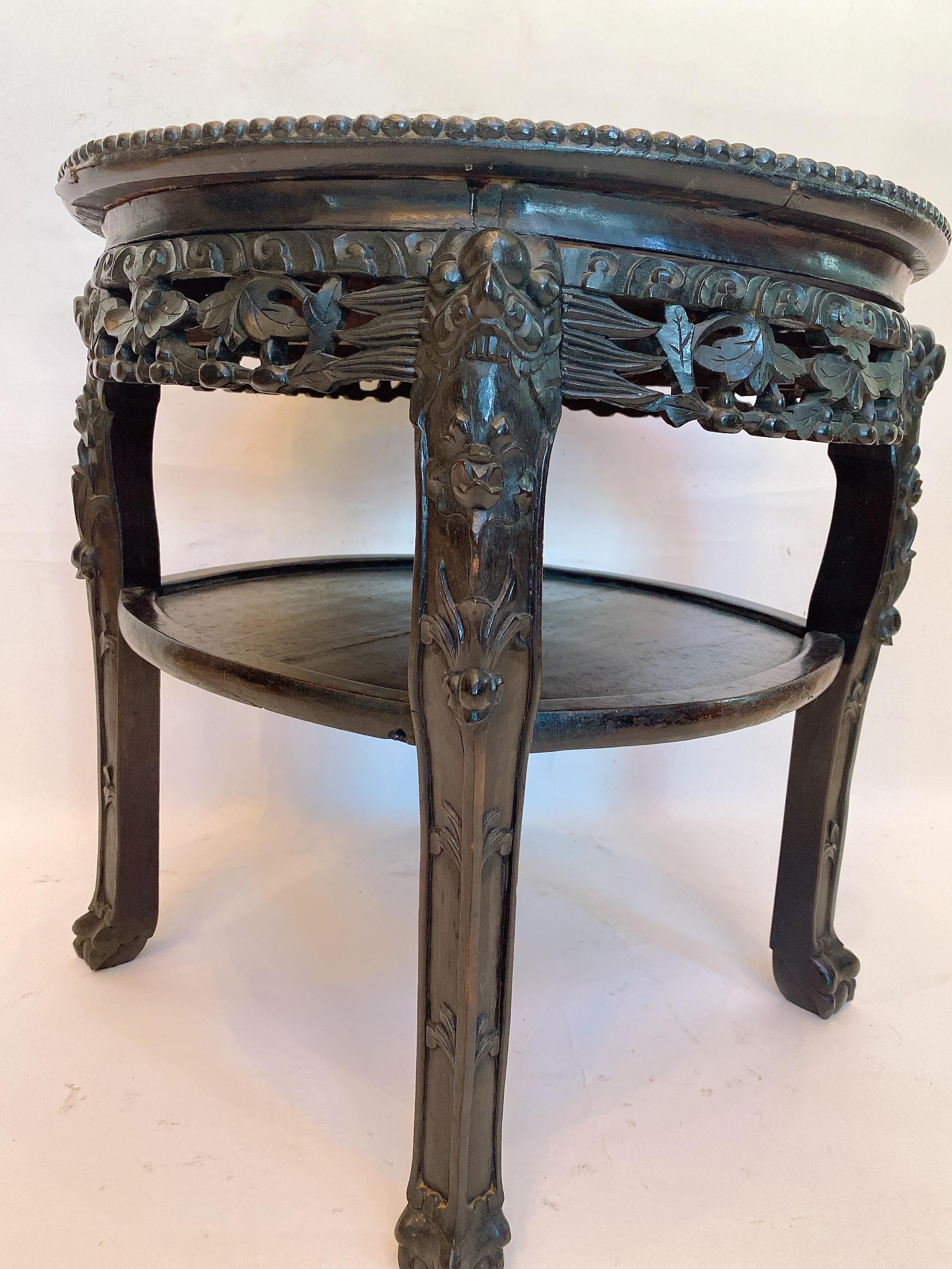 19th Century 23.5'' Chinese Carved Rosewood Flower Stands Marble-Top Insert For Sale 1