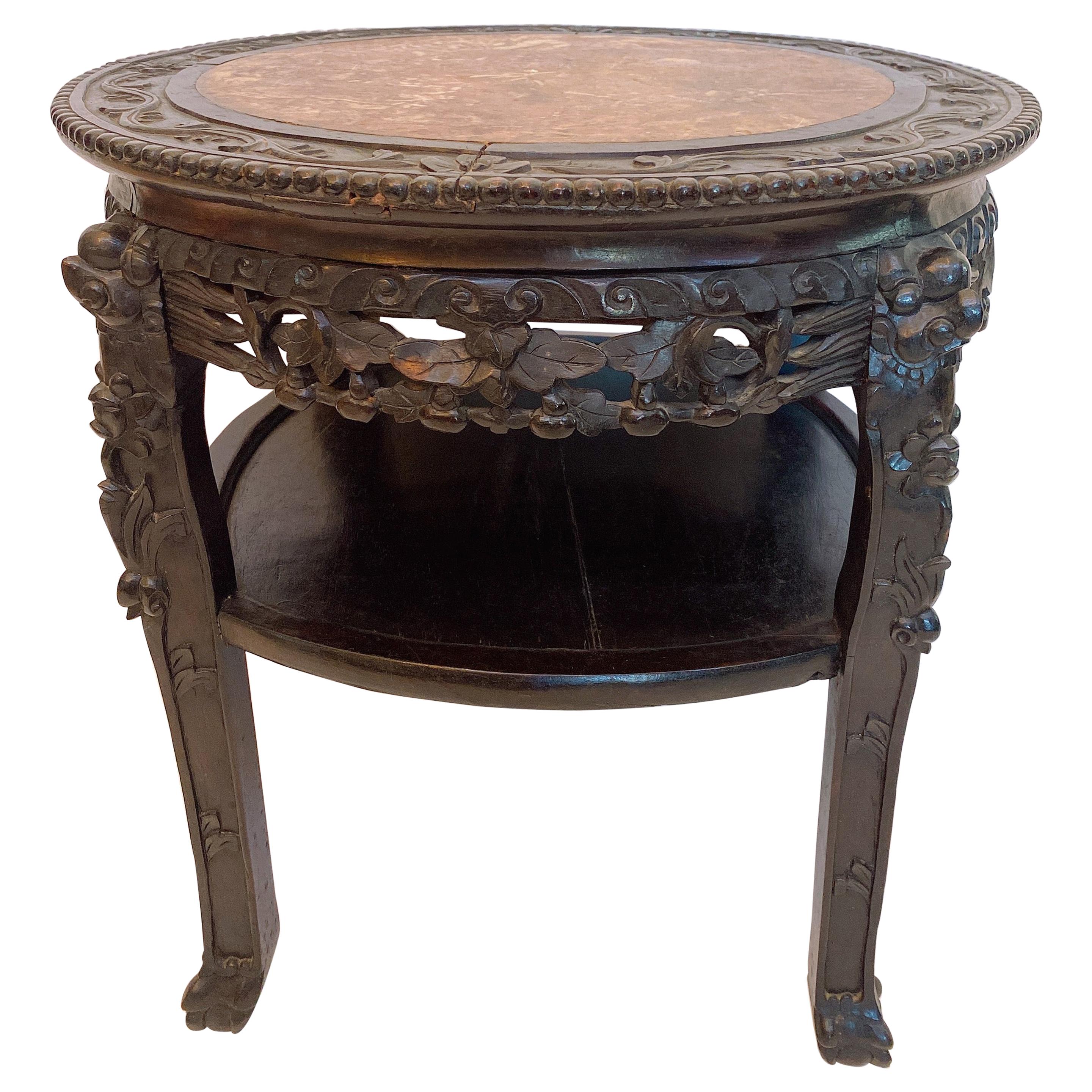 19th Century 23.5'' Chinese Carved Rosewood Flower Stands Marble-Top Insert For Sale